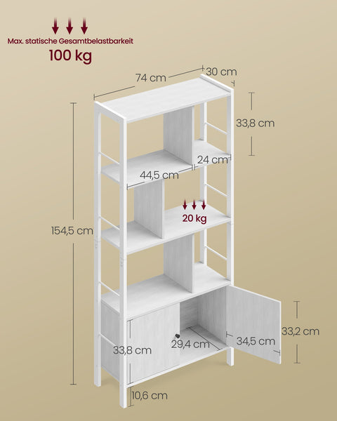 Rootz Modern Bookcase - 4 Open Shelves - Bookshelf - White - 30cm x 74cm x 154.5cm - Space-saving Design