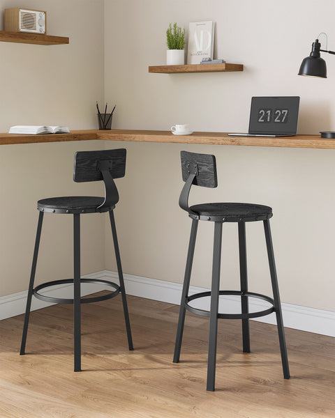 Rootz Industrial Design Bar Stool Set of 2 - Ebony Black - Chipboard, Steel - Counter Height Stools - 54cm x 99cm - 37cm Seat - 73cm Height
