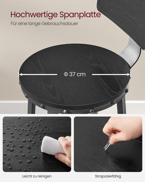 Rootz Industrial Design Bar Stool Set of 2 - Ebony Black - Chipboard, Steel - Counter Height Stools - 54cm x 99cm - 37cm Seat - 73cm Height