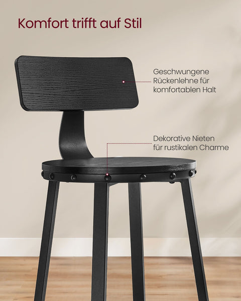 Rootz Industrial Design Bar Stool Set of 2 - Ebony Black - Chipboard, Steel - Counter Height Stools - 54cm x 99cm - 37cm Seat - 73cm Height