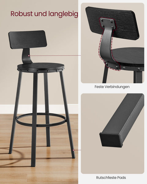 Rootz Industrial Design Bar Stool Set of 2 - Ebony Black - Chipboard, Steel - Counter Height Stools - 54cm x 99cm - 37cm Seat - 73cm Height