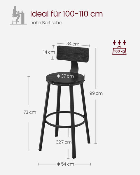 Rootz Industrial Design Bar Stool Set of 2 - Ebony Black - Chipboard, Steel - Counter Height Stools - 54cm x 99cm - 37cm Seat - 73cm Height