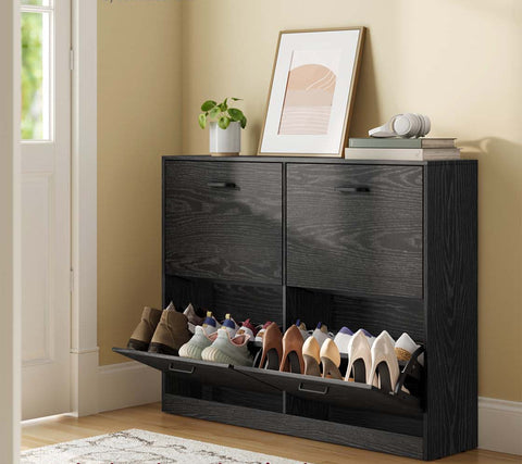Rootz Wooden Shoe Cabinet - Footwear Organizer - Black - Space-Saving Design - 24 x 105.5 x 82.7 cm