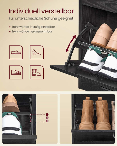 Rootz Wooden Shoe Cabinet - Footwear Organizer - Black - Space-Saving Design - 24 x 105.5 x 82.7 cm