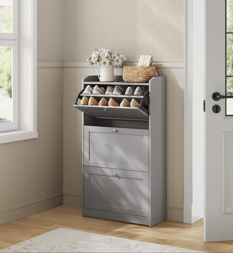 Rootz Shoe Cabinet - 3 Tier Shoe Storage - Shoe Organizer - Up to 18 Pairs -  Grey - 24 x 60 x 108 cm