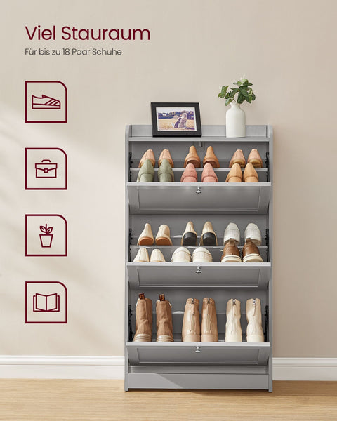 Rootz Shoe Cabinet - 3 Tier Shoe Storage - Shoe Organizer - Up to 18 Pairs -  Grey - 24 x 60 x 108 cm