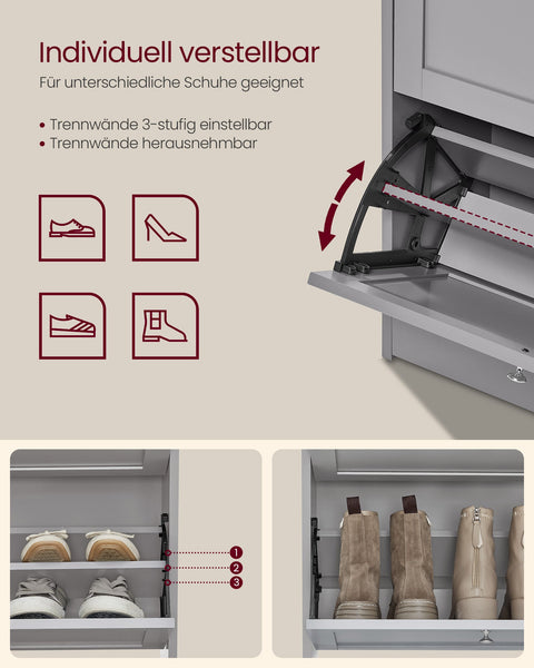 Rootz Shoe Cabinet - 3 Tier Shoe Storage - Shoe Organizer - Up to 18 Pairs -  Grey - 24 x 60 x 108 cm