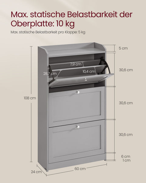 Rootz Shoe Cabinet - 3 Tier Shoe Storage - Shoe Organizer - Up to 18 Pairs -  Grey - 24 x 60 x 108 cm