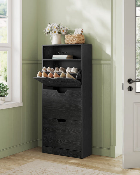 Rootz Shoe Cabinet Open Compartment - Adjustable Shoe Storage - Black Chipboard - 24cm x 60cm x 139cm
