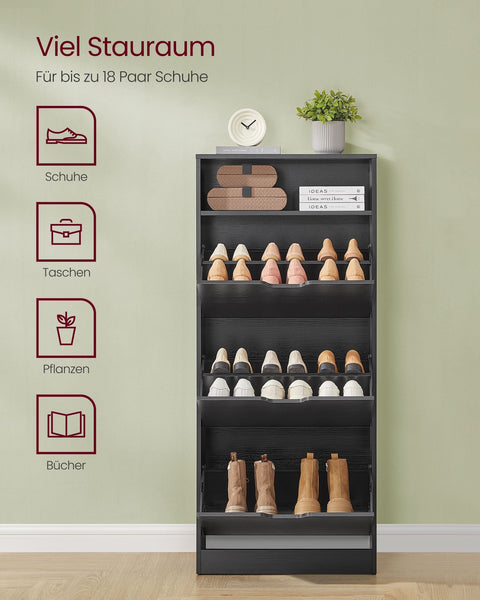 Rootz Shoe Cabinet Open Compartment - Adjustable Shoe Storage - Black Chipboard - 24cm x 60cm x 139cm