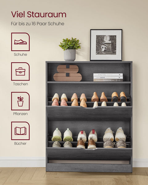 Rootz Shoe Cabinet 2 Flaps - Shoe Storage - Organizer - Space Saving - 24cm x 80cm x 102cm - Grey