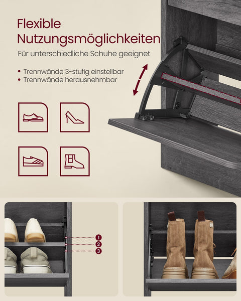 Rootz Shoe Cabinet 2 Flaps - Shoe Storage - Organizer - Space Saving - 24cm x 80cm x 102cm - Grey