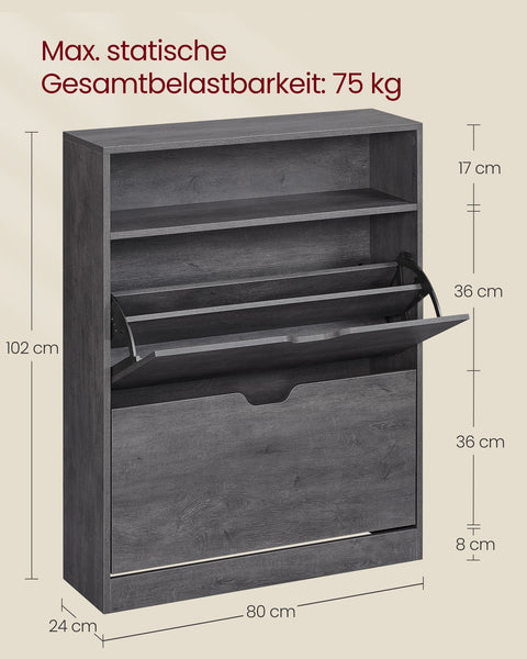 Rootz Shoe Cabinet 2 Flaps - Shoe Storage - Organizer - Space Saving - 24cm x 80cm x 102cm - Grey