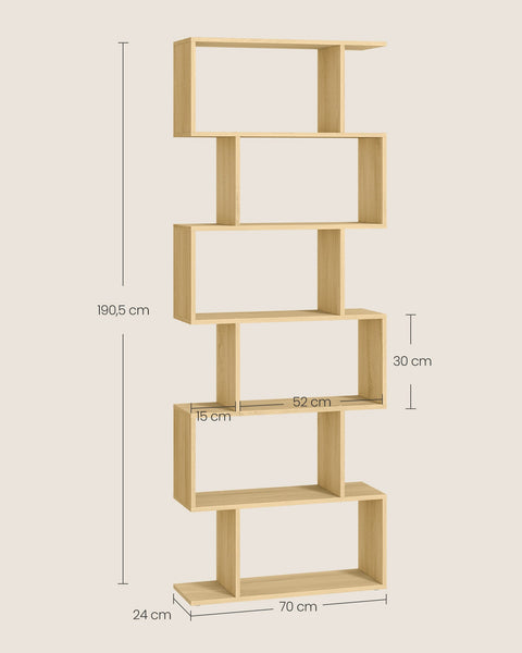Rootz 6 Tier Bookcase - Display Shelf - Wooden Bookshelf - Natural Oak Finish - 24cm x 70cm x 190.5cm