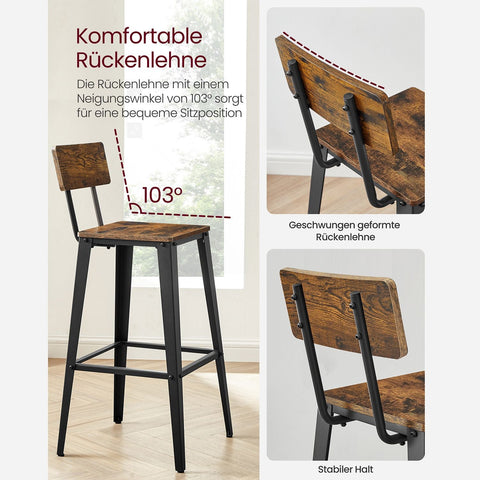 Rootz 2-Piece Bar Stools Set - Seating with Backrest - Chipboard Steel - Maximum Comfort - 18" x 18" x 40" Stools