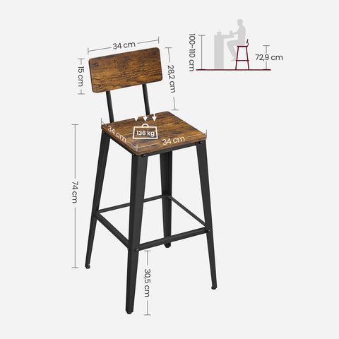 Rootz 2-Piece Bar Stools Set - Seating with Backrest - Chipboard Steel - Maximum Comfort - 18" x 18" x 40" Stools