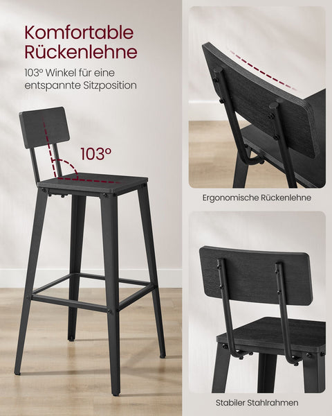 Rootz 2 Piece Set Bar Stools - High Chairs - Breakfast Chairs - Comfortable Backrest - 45.4cm x 45.4cm x 102.2cm