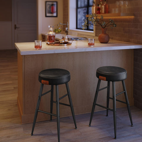 Rootz 2 Piece Set Bar Chairs - Kitchen Stools - Counter Height Chairs - Steel Frame - Highly Elastic Foam - PU Synthetic Leather - Plywood - Basic Black - 49.5cm x 49.5cm x 63cm