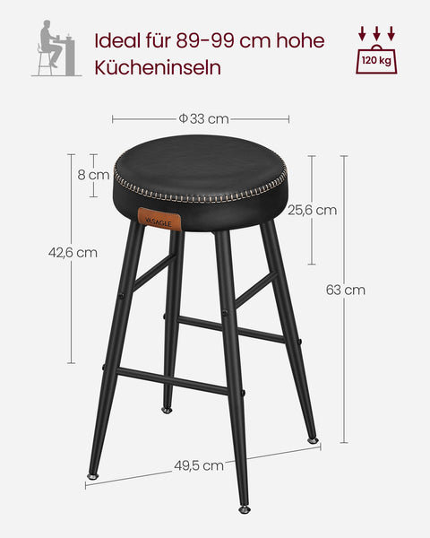 Rootz 2 Piece Set Bar Chairs - Kitchen Stools - Counter Height Chairs - Steel Frame - Highly Elastic Foam - PU Synthetic Leather - Plywood - Basic Black - 49.5cm x 49.5cm x 63cm