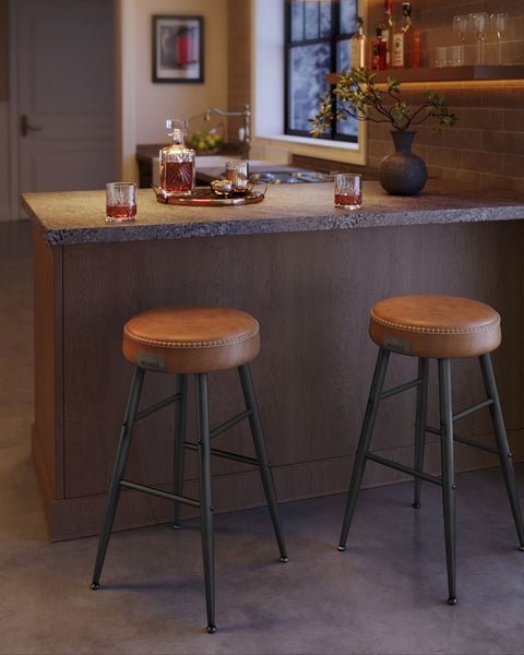 Rootz 2 Piece Set Bar Chairs - Kitchen Stools - Counter Height Chairs - Steel Frame - Highly Elastic Foam - PU Synthetic Leather - Plywood - 49.5cm x 49.5cm x 63cm