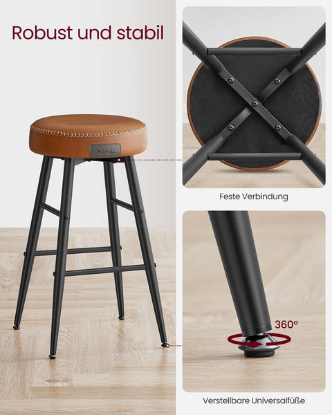 Rootz 2 Piece Set Bar Chairs - Kitchen Stools - Counter Height Chairs - Steel Frame - Highly Elastic Foam - PU Synthetic Leather - Plywood - 49.5cm x 49.5cm x 63cm
