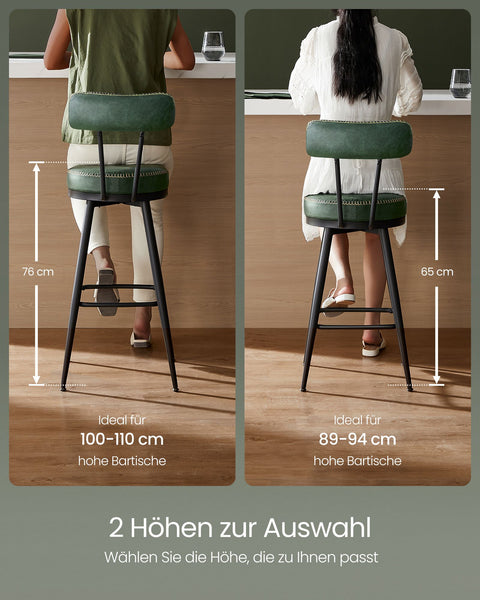 Rootz 2 Bar Chairs Set - Forest Green Stools - Steel Frame - Molded Foam - PU Leather - 54cm x 54cm x 91cm - 13.6kg - 120kg Capacity