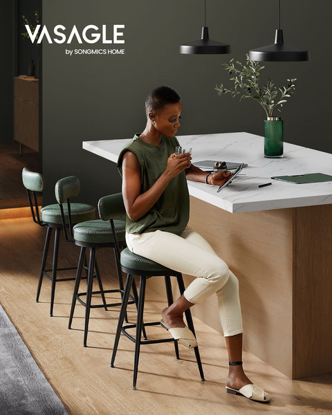 Rootz 2 Bar Chairs Set - Forest Green Stools - Steel Frame - Molded Foam - PU Leather - 54cm x 54cm x 91cm - 13.6kg - 120kg Capacity