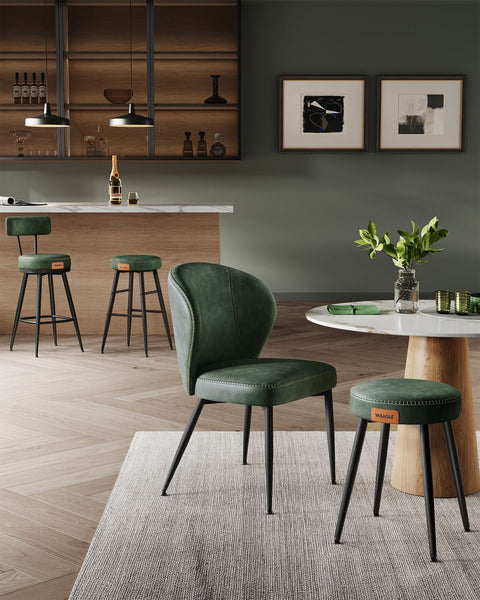 Rootz 2 Bar Chairs Set - Forest Green Stools - Steel Frame - Molded Foam - PU Leather - 54cm x 54cm x 91cm - 13.6kg - 120kg Capacity