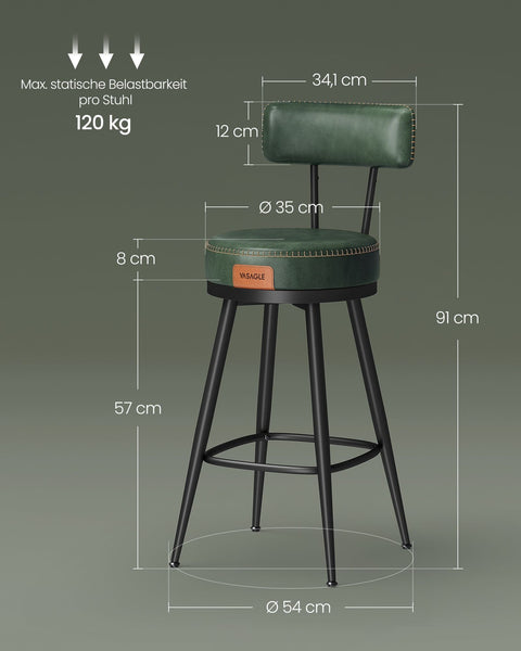 Rootz 2 Bar Chairs Set - Forest Green Stools - Steel Frame - Molded Foam - PU Leather - 54cm x 54cm x 91cm - 13.6kg - 120kg Capacity