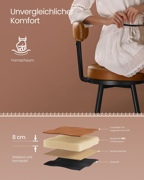 Rootz Set of 2 Caramel Brown Bar Chairs - High Stool - Kitchen Stool - PU Leather - 54cm x 54cm x 91cm (D x W x H)