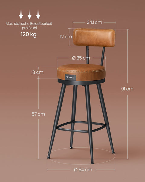 Rootz Set of 2 Caramel Brown Bar Chairs - High Stool - Kitchen Stool - PU Leather - 54cm x 54cm x 91cm (D x W x H)