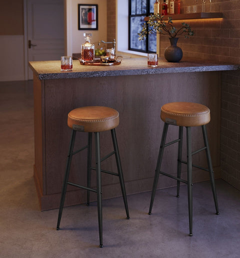 Rootz Ekho Collection - 2 Piece Bar Stool Set - Caramel Brown - Faux Leather - Steel Frame - 51.6cm x 51.6cm x 76.2cm
