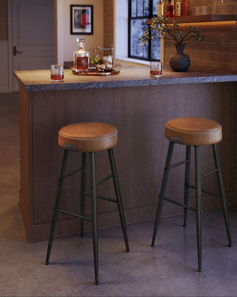 Rootz 4 Piece Set Bar Chairs - Kitchen Stools - Counter Height Chairs - Steel Frame - 58D Molded Foam - PU Synthetic Leather - Plywood - Caramel Brown - 51.6cm x 51.6cm x 76.2cm