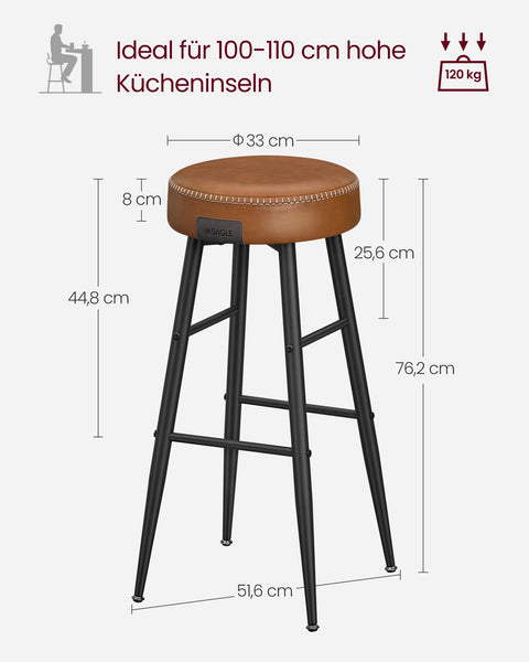 Rootz Ekho Collection - 2 Piece Bar Stool Set - Caramel Brown - Faux Leather - Steel Frame - 51.6cm x 51.6cm x 76.2cm