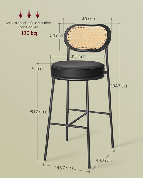 Rootz 2 Piece Set Bar Stool - High Stool - Kitchen Breakfast Chair - Curved Backrest - Black Ink - 89cm x 44.5cm x 27.5cm