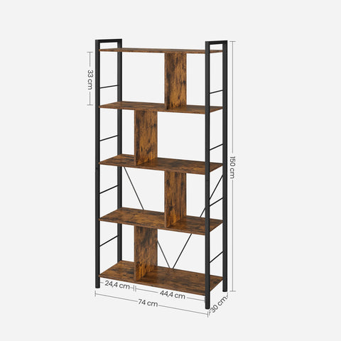 Rootz 5 Tier Bookcase - Bookshelf - Storage Shelf - Sturdy Steel Frame - 74cm x 30cm x 150cm