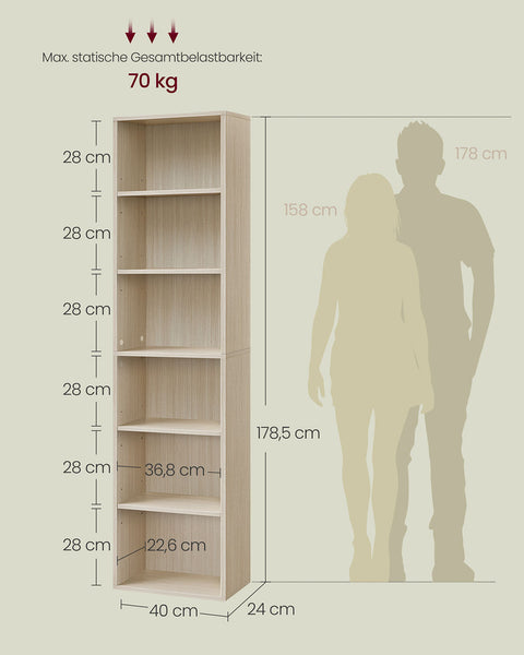 Rootz 6-Story Standing Shelf - Book Shelf - Storage Unit - Wooden Chipboard - Space-Saving Design - 24 x 40 x 178.5 cm
