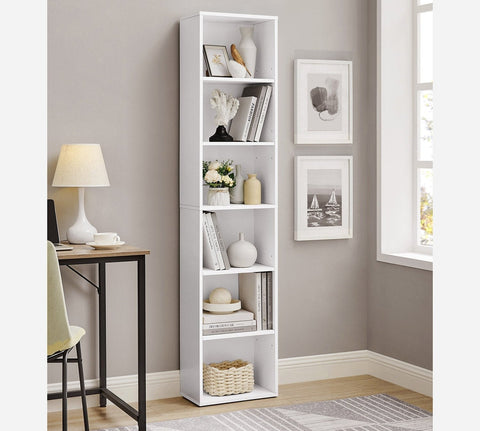 Rootz 6 Compartment White Bookcase - Standing Shelf - Chipboard Material - 40cm x 24cm x 178.5cm - 17.2kg - Anti-Tip Device Included