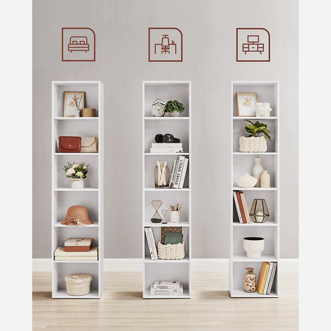Rootz 6 Compartment White Bookcase - Standing Shelf - Chipboard Material - 40cm x 24cm x 178.5cm - 17.2kg - Anti-Tip Device Included