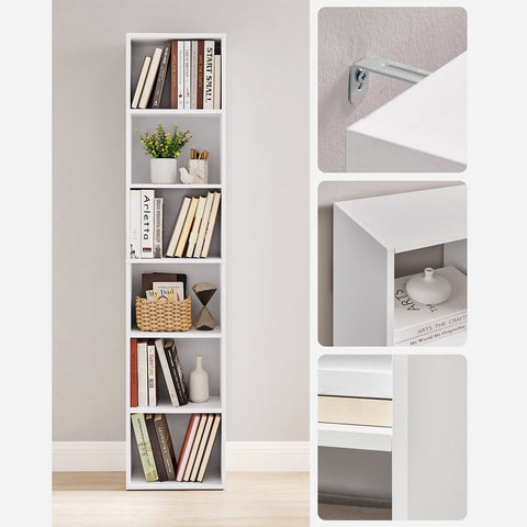 Rootz 6 Compartment White Bookcase - Standing Shelf - Chipboard Material - 40cm x 24cm x 178.5cm - 17.2kg - Anti-Tip Device Included