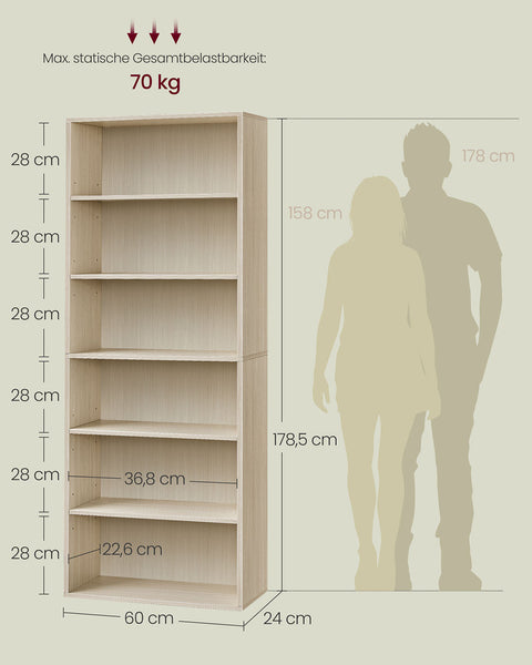 Rootz 6-Story Standing Shelf - Book Shelf - Storage Organizer - Durable Wooden Chipboard - 24 x 60 x 178.5 cm - Brown