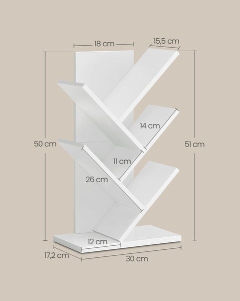 Rootz Bookcase Tree Shape - Space-saving Bookshelf -  White - Saves Space - 17.2cm x 30cm x 51cm