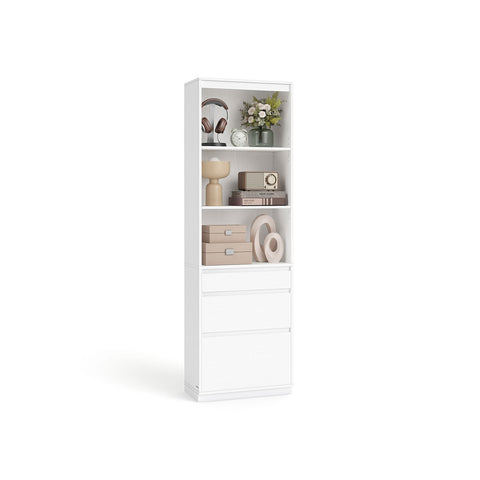 Rootz Bookcase with Drawers - Storage Shelves - Snow White Cabinet - Organize Efficiently - 30cm x 57.1cm x 180cm