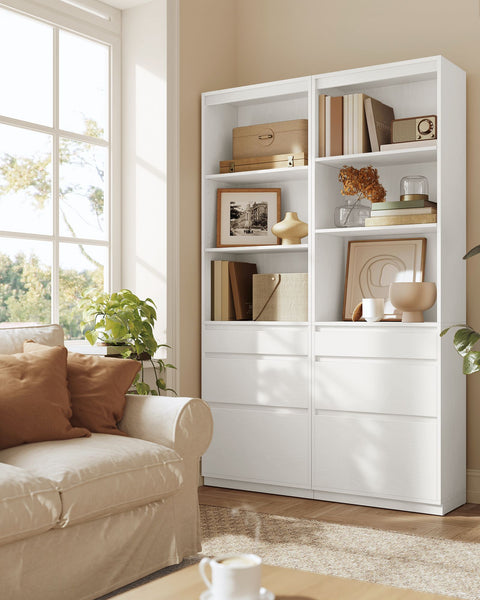 Rootz Bookcase with Drawers - Storage Shelves - Snow White Cabinet - Organize Efficiently - 30cm x 57.1cm x 180cm