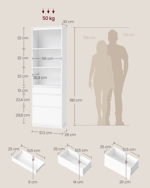 Rootz Bookcase with Drawers - Storage Shelves - Snow White Cabinet - Organize Efficiently - 30cm x 57.1cm x 180cm