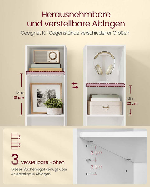 Rootz Wooden Bookshelf - Storage Unit - Display Shelves - Sturdy Design - White - 24cm x 30.2cm x 160.7cm