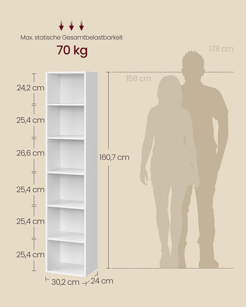 Rootz Wooden Bookshelf - Storage Unit - Display Shelves - Sturdy Design - White - 24cm x 30.2cm x 160.7cm