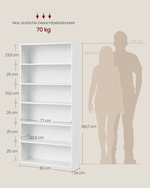 Rootz Bookshelf - Bookcase - Storage Shelf - Keeps Your Space Organized - White - 24 x 80 x 160.7 cm