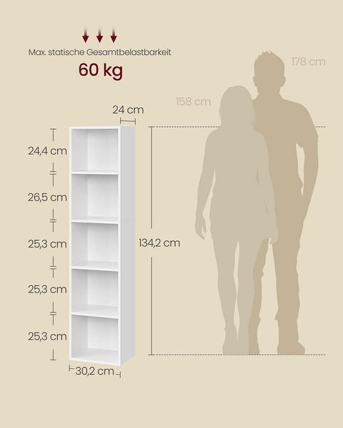 Rootz White Book Shelf - Wooden Storage Rack - Display Unit - Durable MDF Construction - 24cm x 30.2cm x 134.2cm