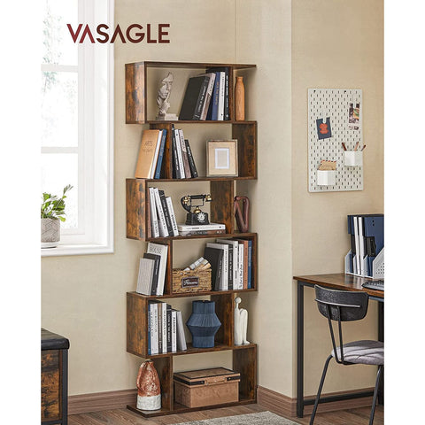 Rootz 6 Tier Bookshelf - Standing File Shelf - S-Style Bookcase - Chipboard Construction - Dark Brown Finish - 70cm x 24cm x 190.5cm